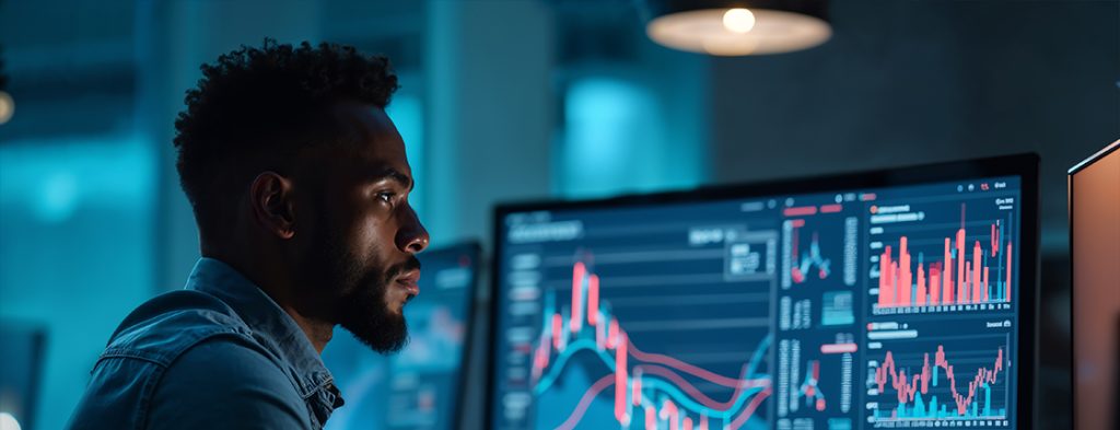 a man looking on screen the trading graphs