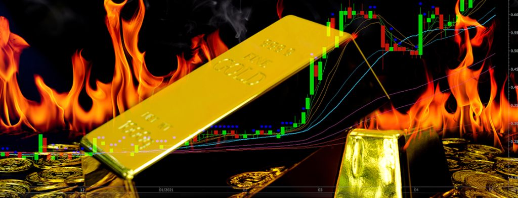 gold-bullion-pile-gold-coins-fire-flame-trading-chart-background